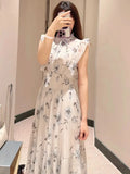 Kuzuwata Fresh Mid-length Print High Waist Robe New Gentle Literary Lace Up Pleated Slim Exquisite Mujer Japan New Elegant Dress