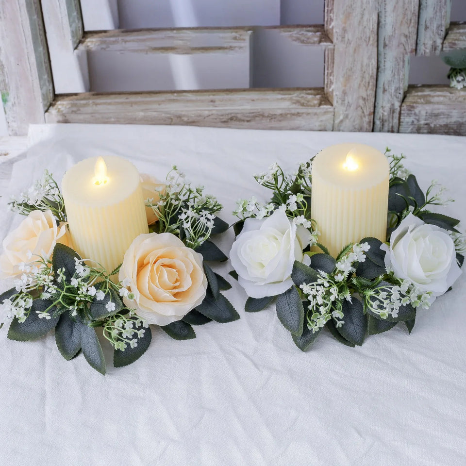 Valentine's Day Candlestick Wreaths Artifical Rose Candles Aromatherapy Party Table Desktop