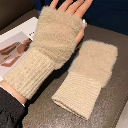 New Solid Color Plush Gloves Women in Autumn and Winter Warm Luxury Woolen Knitted