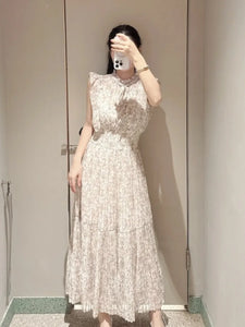 Kuzuwata Fresh Mid-length Print High Waist Robe New Gentle Literary Lace Up Pleated Slim Exquisite Mujer Japan New Elegant Dress