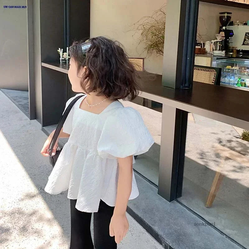 Girls Set Sweet Square Neck Bubble Backless Top with Side Split Flare Pants