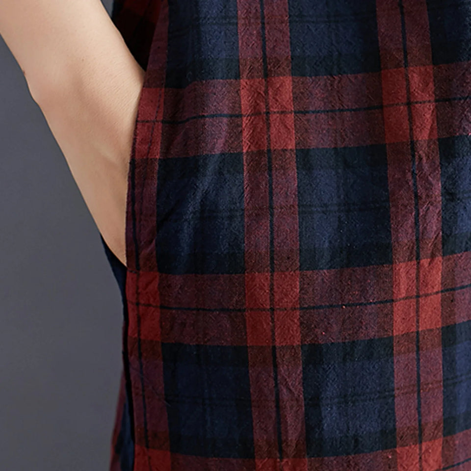 Women Autumn Checked Shirt Dress Lapel Long Sleeves