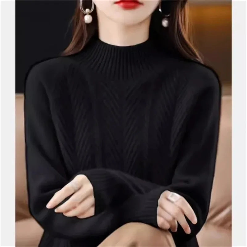 Sweater Women Half Turtleneck Pullover Knitted Sweaters Warm Knitwear Female