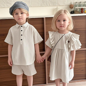 Summer Thin Brother Sister Outfits Boy Children Cotton Short Sleeve T-shirt+Shorts 2pcs Girl Baby Striped Fly Sleeves Dress
