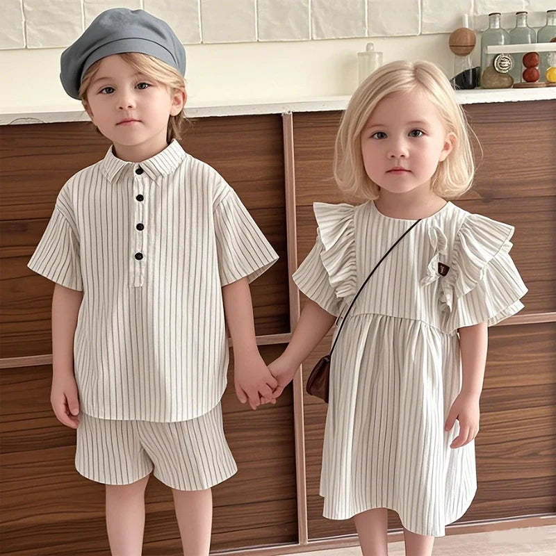 Summer Thin Brother Sister Outfits Boy Children Cotton Short Sleeve T-shirt+Shorts 2pcs Girl Baby Striped Fly Sleeves Dress