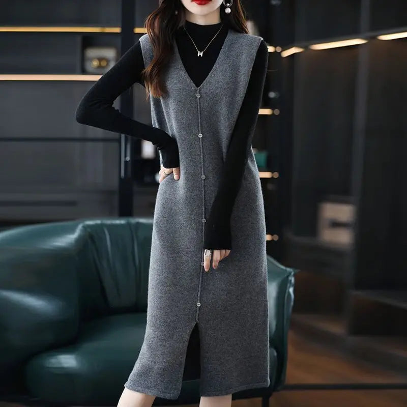 Long, Medium to Long Sleeveless Knitted Knee Length Vest Skirt Autumn Winter V-neck