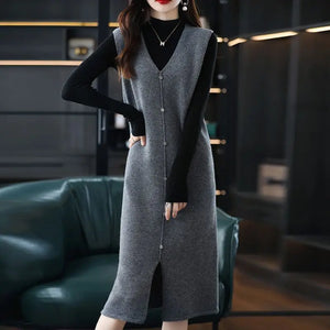 Long, Medium to Long Sleeveless Knitted Knee Length Vest Skirt Autumn Winter V-neck