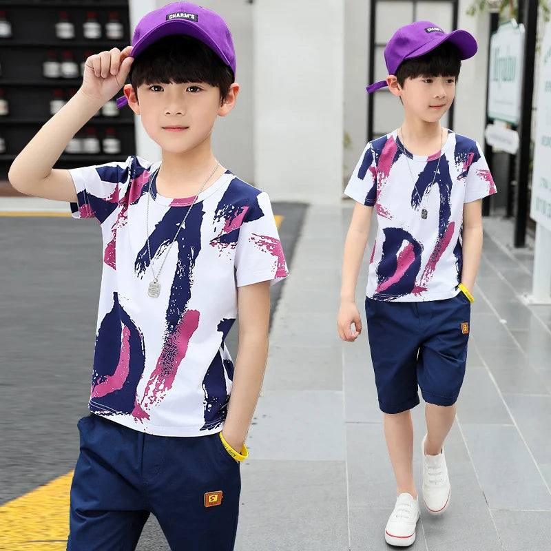 outfits Cotton Teenage Boys Clothing casual Suit Children Short Sleeve Shirt Shorts Set 4 6 8 12 Years