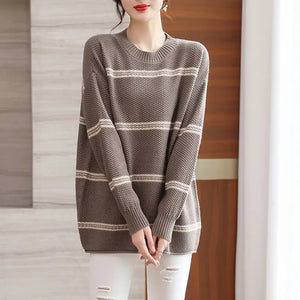 Women's Sweater Autumn Winter New Loose Striped Round Neck Knitted Sweater