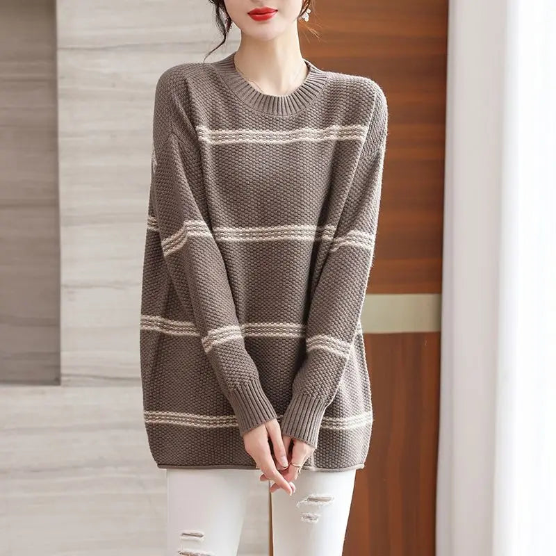 Women's Sweater Autumn Winter New Loose Striped Round Neck Knitted Sweater