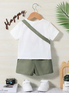 Boys & Girls Round neck Solid color T-shirt Cartoon Design Shoulder Pocket Shorts 2-piece set (bag not included)