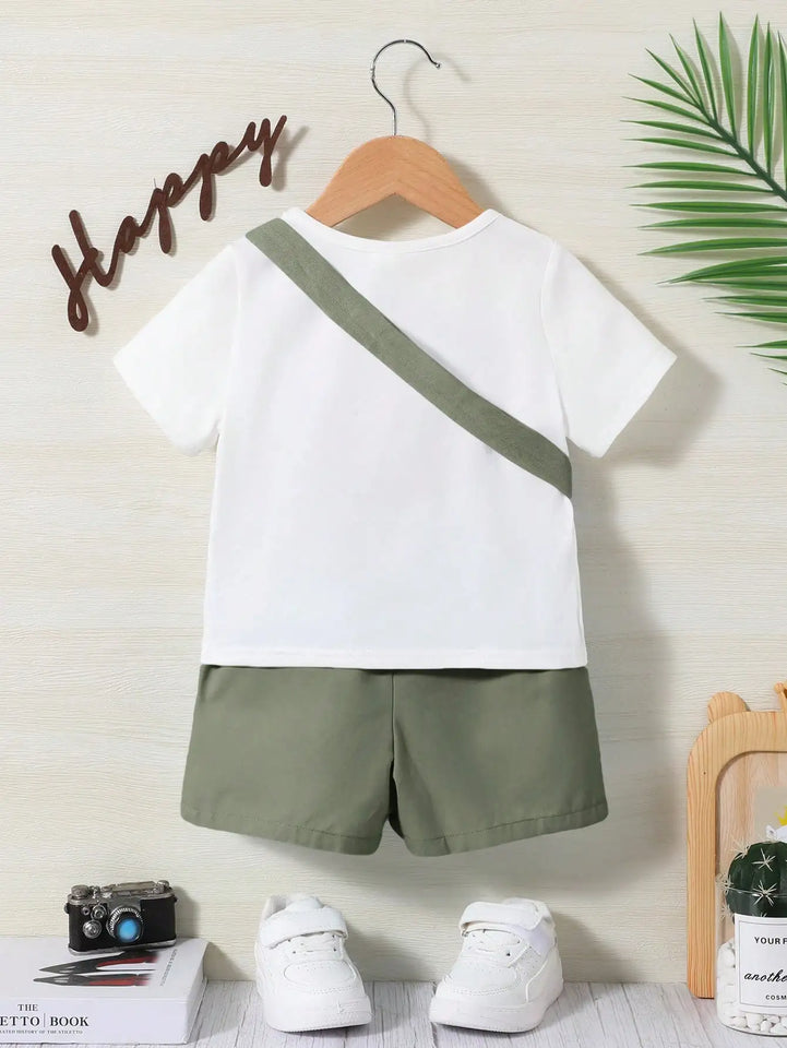 Boys & Girls Round neck Solid color T-shirt Cartoon Design Shoulder Pocket Shorts 2-piece set (bag not included)