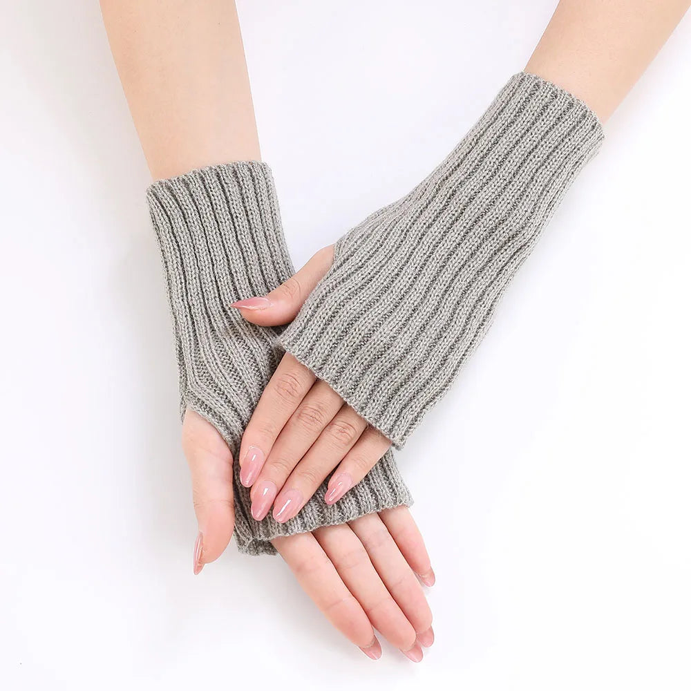 Women Half Finger Gloves Winter Knitted Arm Sleeves Fingerless Mittens Solid Color Soft