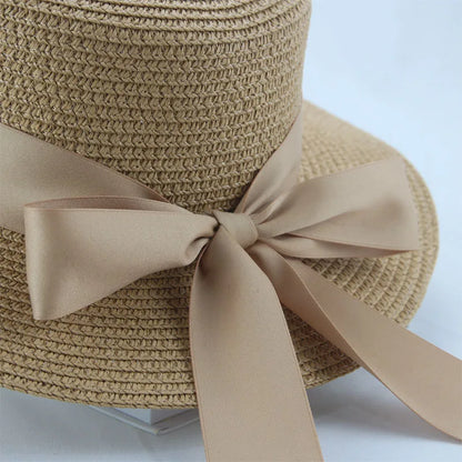 Summer Straw Hats for Women Flat Top Ribbon Bowknot Elegant Luxury  Hats