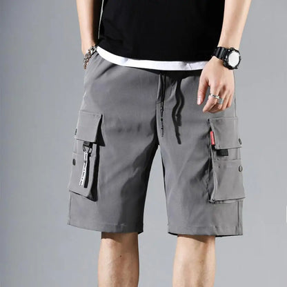 Men's Cargo Shorts Solid Color Multiple Pockets Short Pants Summer Elastic Waistband Drawstring Cargo Shorts Casual Men Shorts