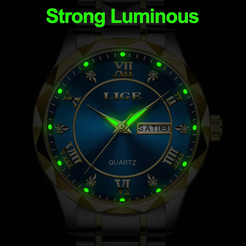LIGE Luxury Quartz Men Watch Waterproof Luminous Date Week Man Watch Stainless Steel Business Wristwatches Male Clock Reloj+Box