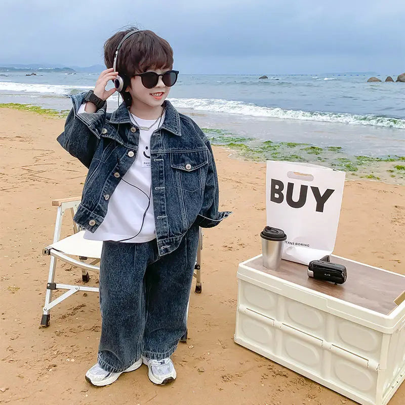 Baby Boys Jeans Sets Fashion Cool Coats Tops Wide Leg Pants 2025 Spring Autumn New Korean Style Childrens Two Piece Sets