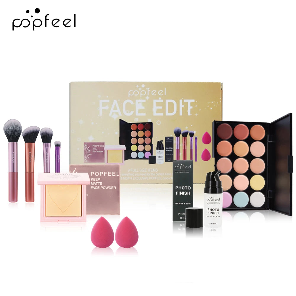 POPFEEL Face Makeup Mini Kit Foundation Primer Powder Foundation Makeup Brush