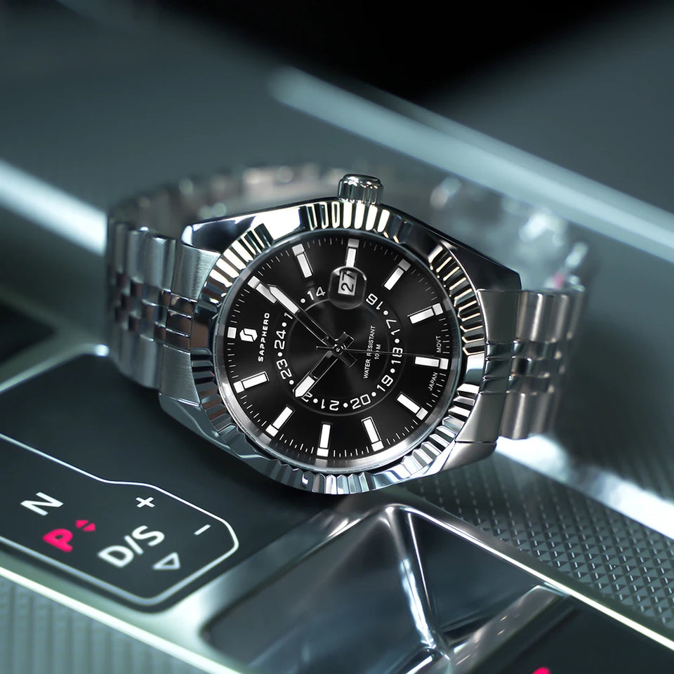 SAPPHERO Mens Watches luxury Business Stainless steel Wristwatch 100m Waterproof Bleu Quartz luminous Clock Gift for Men