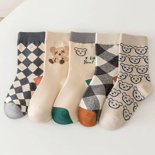 5Pairs/Lot Cute Bear Plaid Baby Socks Spring Autumn Soft Cotton Kids Middle Tube Socks