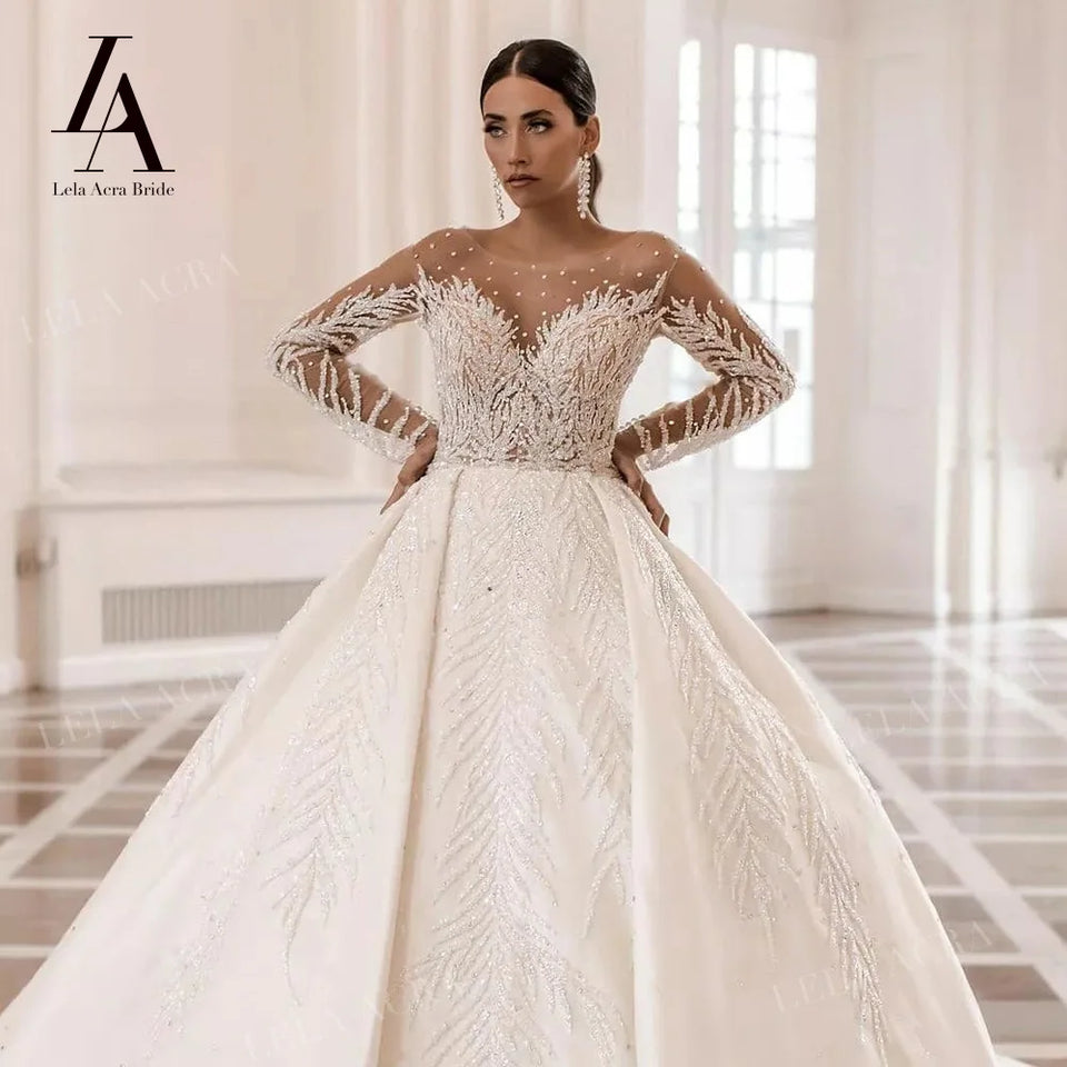 LelaAcra Long Sleeve Wedding Dress 2025 Sweetheart Beaded Backless A-Line Princess Bride Gown SM72 Plus Size Vestido de Noiva