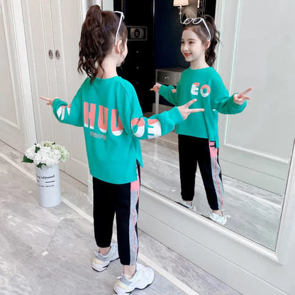 teens autumn winter Girls Teenager tracksuit sport letters sweatshirt t-shirt + sports striped pants