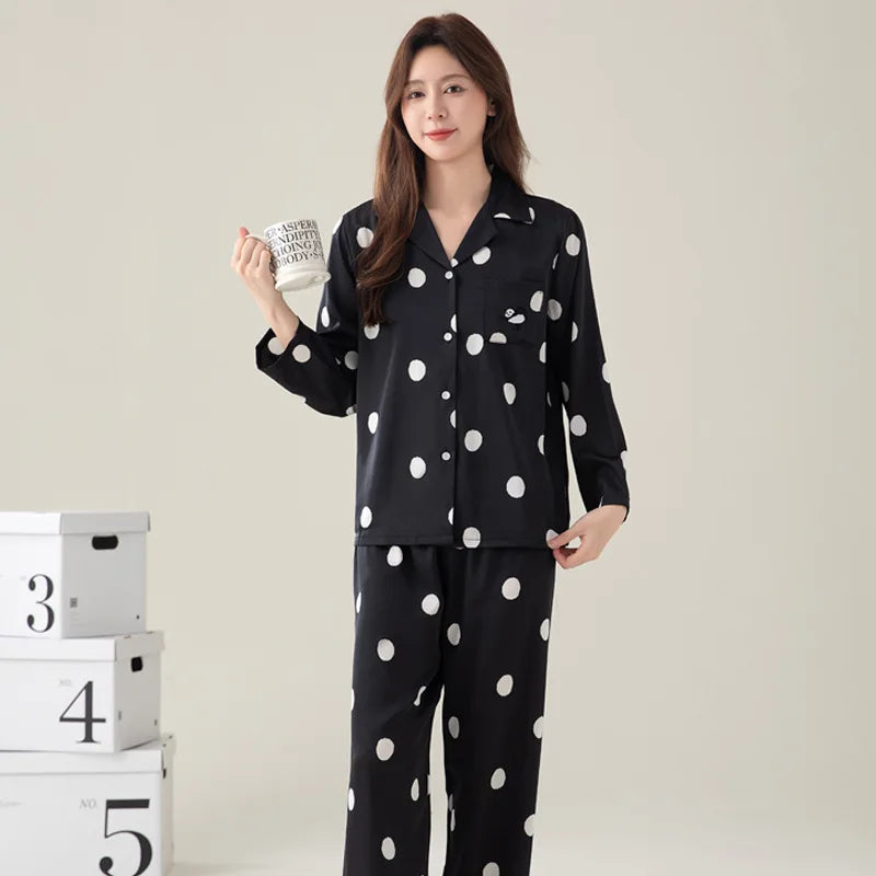Spring Summer Couple Pajamas Set Women's Long Sleeved Home Clothes Men's Satin Black Sleepwear Loose Casual Nightwear Loungewear