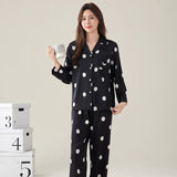 Spring Summer Couple Pajamas Set Women's Long Sleeved Home Clothes Men's Satin Black Sleepwear Loose Casual Nightwear Loungewear