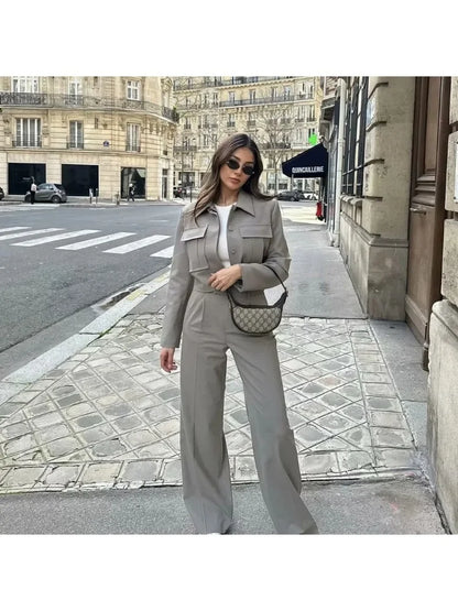 TRAF Casual Flip Collar Short Jacket Coat Wide Leg Long Pants Set  Summer Solid Suits Streetwear Jackets+Chic Wide Leg Pants