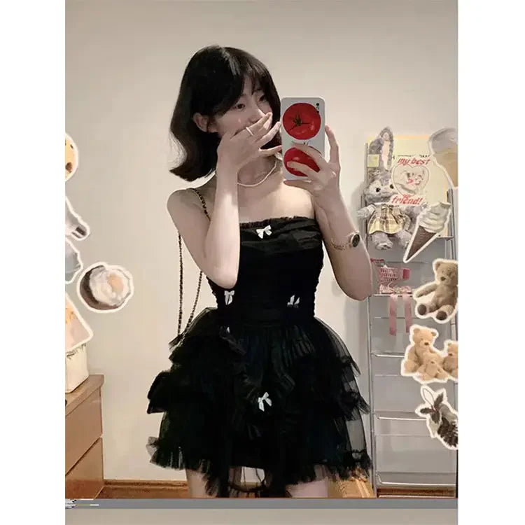 Even Party Black Dress Women Casual Corset Y2k Mini  Office Lady Sleeveless Bodycon Lace One Piece  Korean