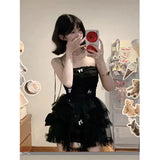 Even Party Black Dress Women Casual Corset Y2k Mini  Office Lady Sleeveless Bodycon Lace One Piece  Korean