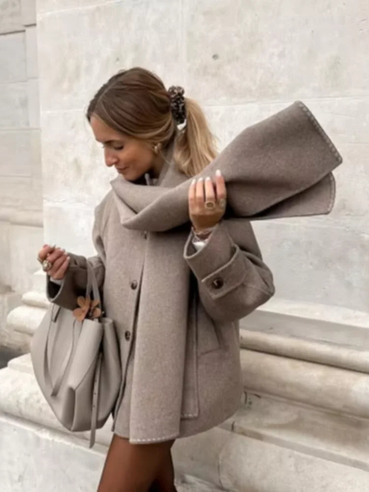 Collar Woolen Blends Jacket Women Elegant Long Sleeve Single Breasted Short Coats