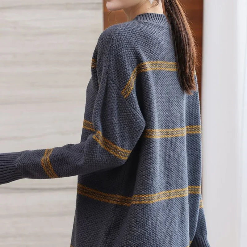 Women's Sweater Autumn Winter New Loose Striped Round Neck Knitted Sweater