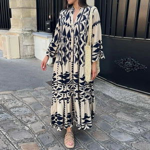 Summer Shirt Dresses Women Long Sleeve Pleated Boho Print Long Dress Robe Ladies Fashion Vintage Beach Maxi Dresses Vestidos