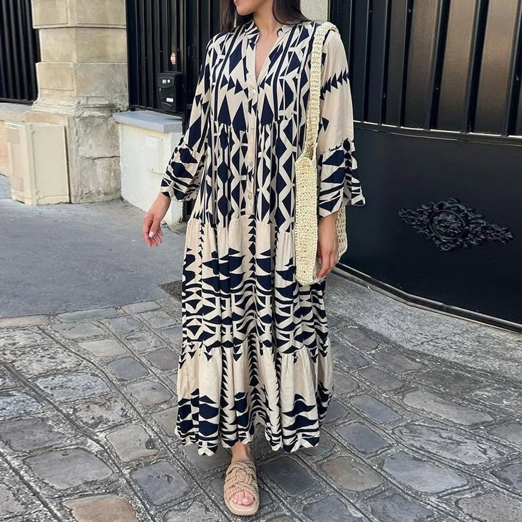 Summer Shirt Dresses Women Long Sleeve Pleated Boho Print Long Dress Robe Ladies Fashion Vintage Beach Maxi Dresses Vestidos