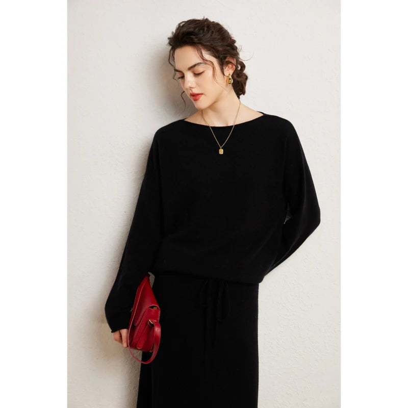 Autumn Winter 100% Cashmere Sweater Luxury Women's  Pullover Skirt Two Pieces Set
