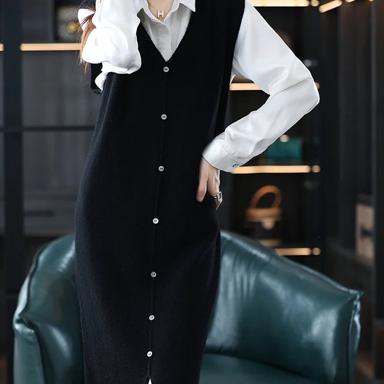 Long, Medium to Long Sleeveless Knitted Knee Length Vest Skirt Autumn Winter V-neck