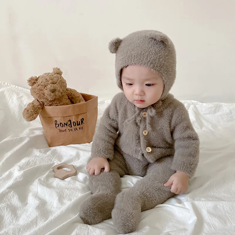 2Pcs Baby Winter Jumpsuits Hat Faux Fur Footed Newborn Romper for Girls Boys Clothes Soft Warm Toddler Outfit Set Kids Clothing