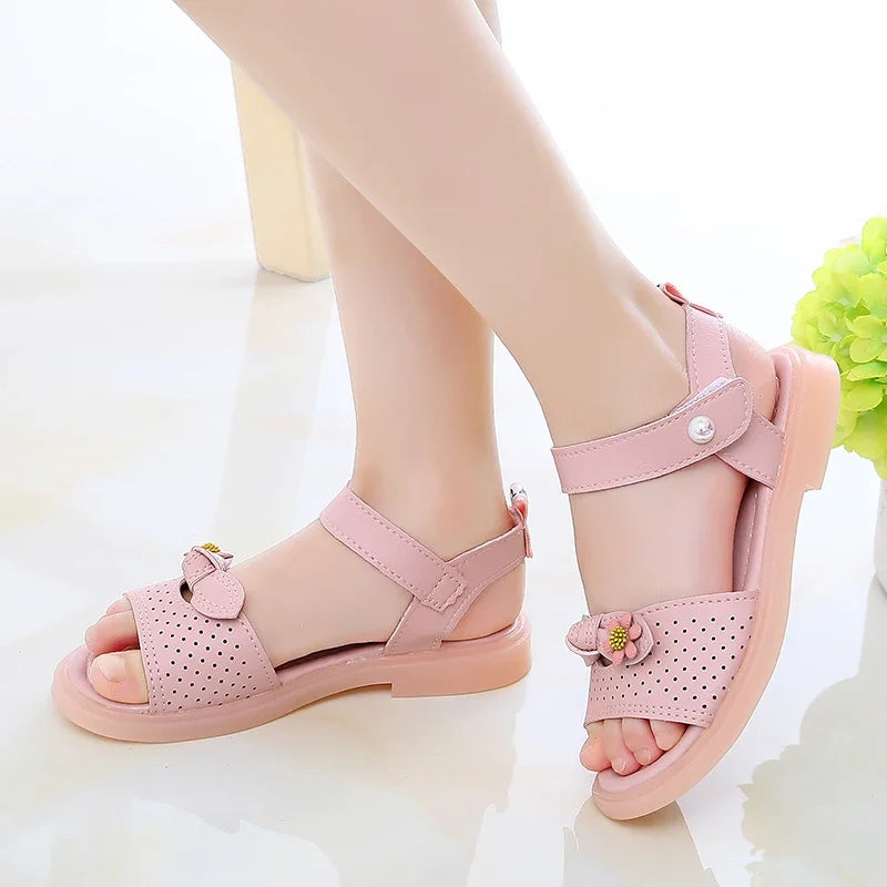 Girls Princess Sandals Cute Children Summer Beach Shoes Fashion Soft Breatheable Non-slip Kids Hollow Bow Flowers Sandals