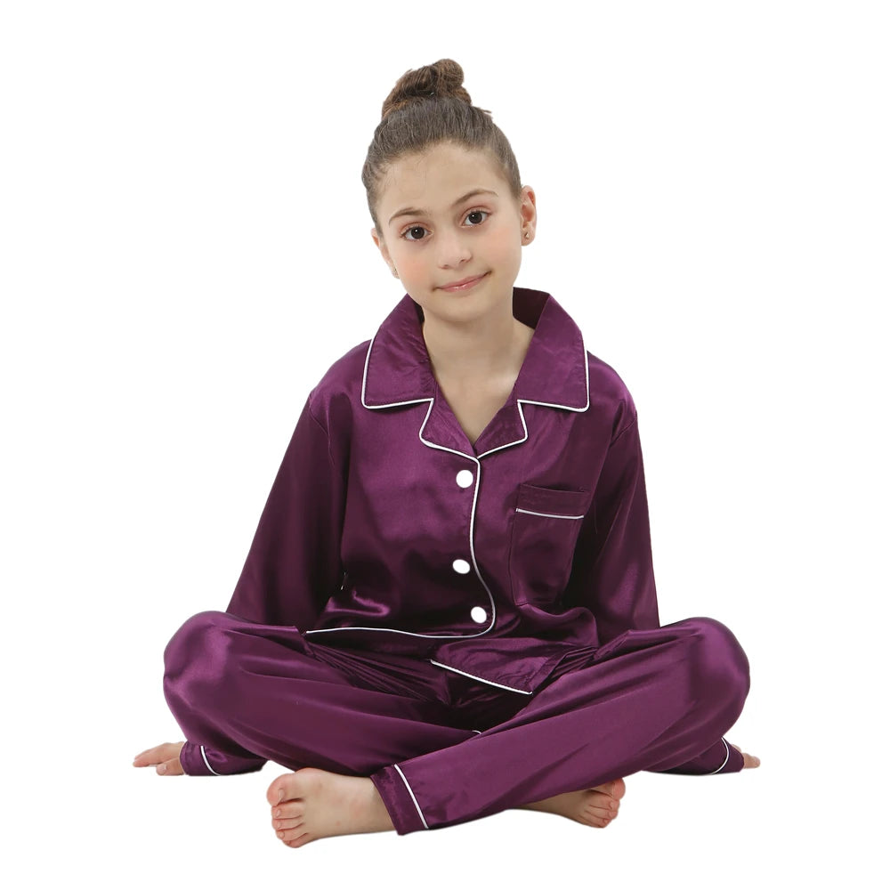 Girls Long Sleeve Satin Silk Pajamas Sets Children's Loungewear Turn Down Kids Clothes