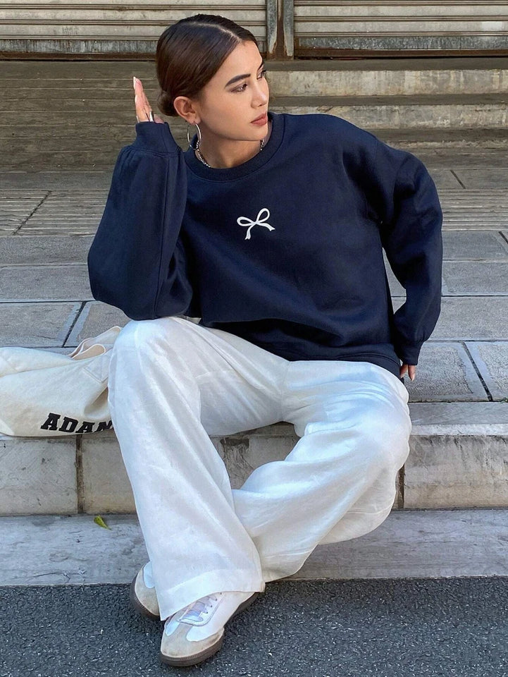 Casual Women's Sweatshirts Kawaii Bow Graphic Prints Pullover Comfortable Warm