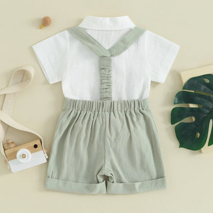 Pudcoco Toddler Boy Gentleman Outfit Solid Color Short Sleeves Romper with Bow Tie and Overalls Shorts