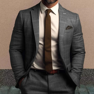 Men Suit Jacket Formal Plaid Print Long Sleeve Single Button Closure Business Coat