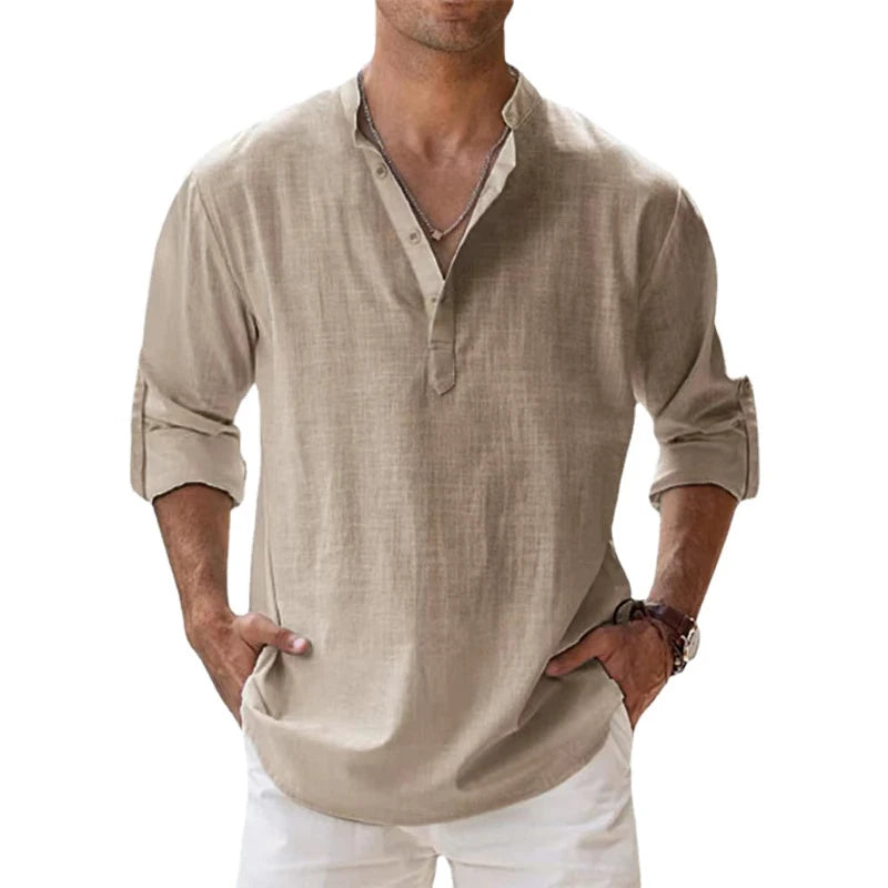 New Cotton Linen Shirts for Men Casual Shirts Lightweight Long Sleeve Henley Beach Shirts