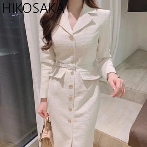 Tweed Midi Dress Metal Button Single Breasted Belt Slim Vestidos Fall Winter Solid Retro Robe