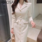 Tweed Midi Dress Metal Button Single Breasted Belt Slim Vestidos Fall Winter Solid Retro Robe