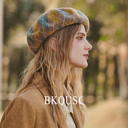 Elegant Pure Wool Vintage Beret Woman Luxury Hats Winter Caps