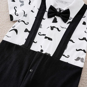 Boys Cartoon Printed Clothes Short Sleeve Bow Tie Romper  Moustache Cotton Baby Gentleman