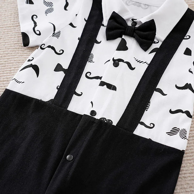 Boys Cartoon Printed Clothes Short Sleeve Bow Tie Romper  Moustache Cotton Baby Gentleman