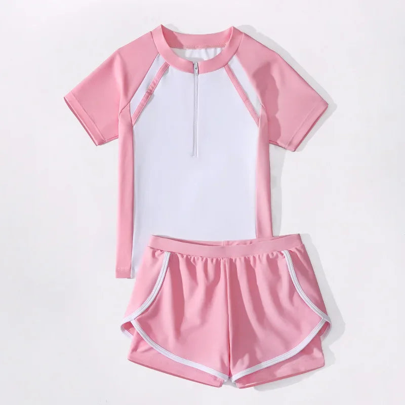 Double Layers Shorts Girls Swimwear Two-Pieces Suits Summer Beach Clothes L-5XL Kids Short-sleeve Swimsuit For Girl Pink, Black